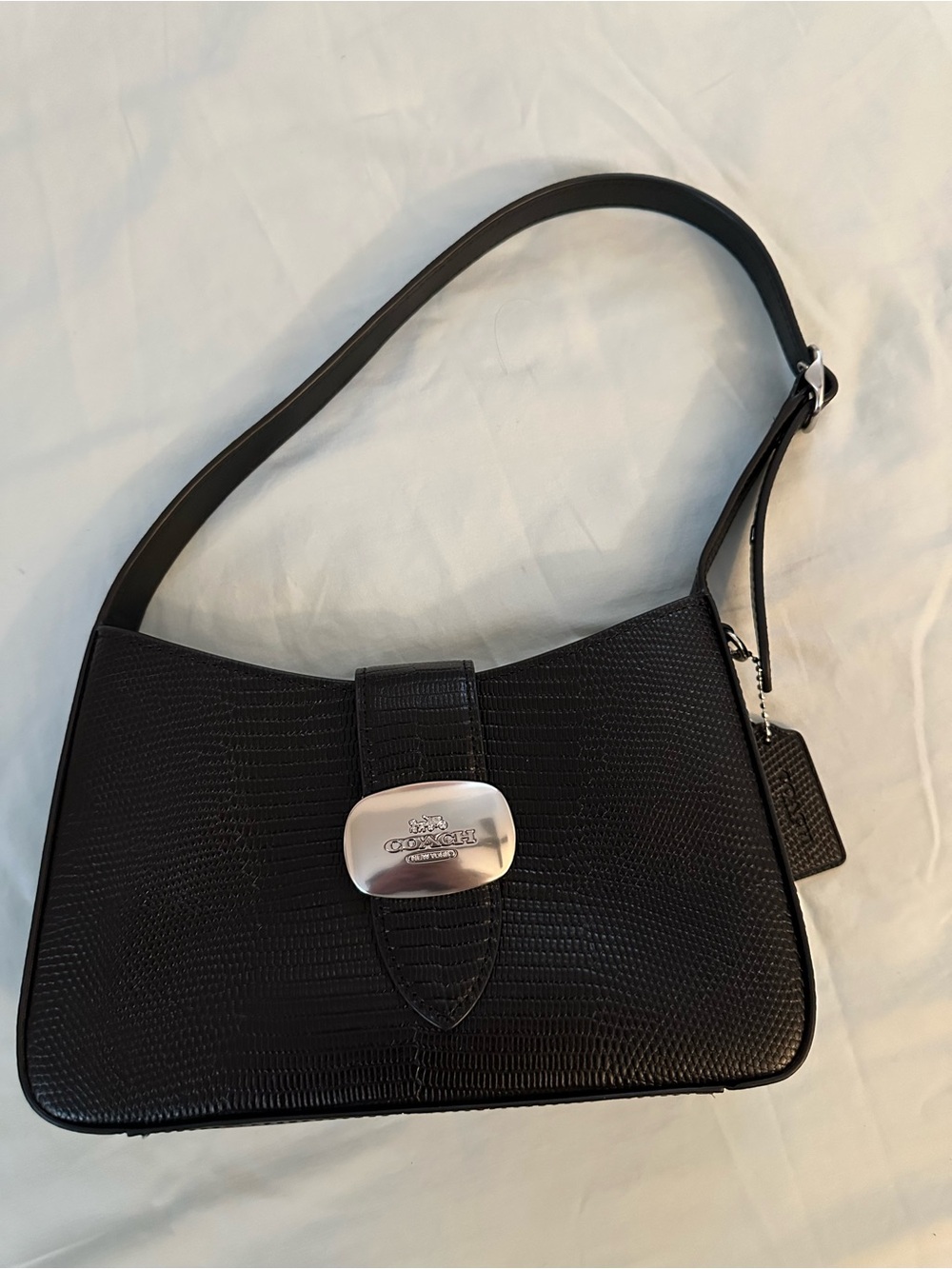 Coach Black Lizard-Texture Shoulder Bag with Silver Plaque